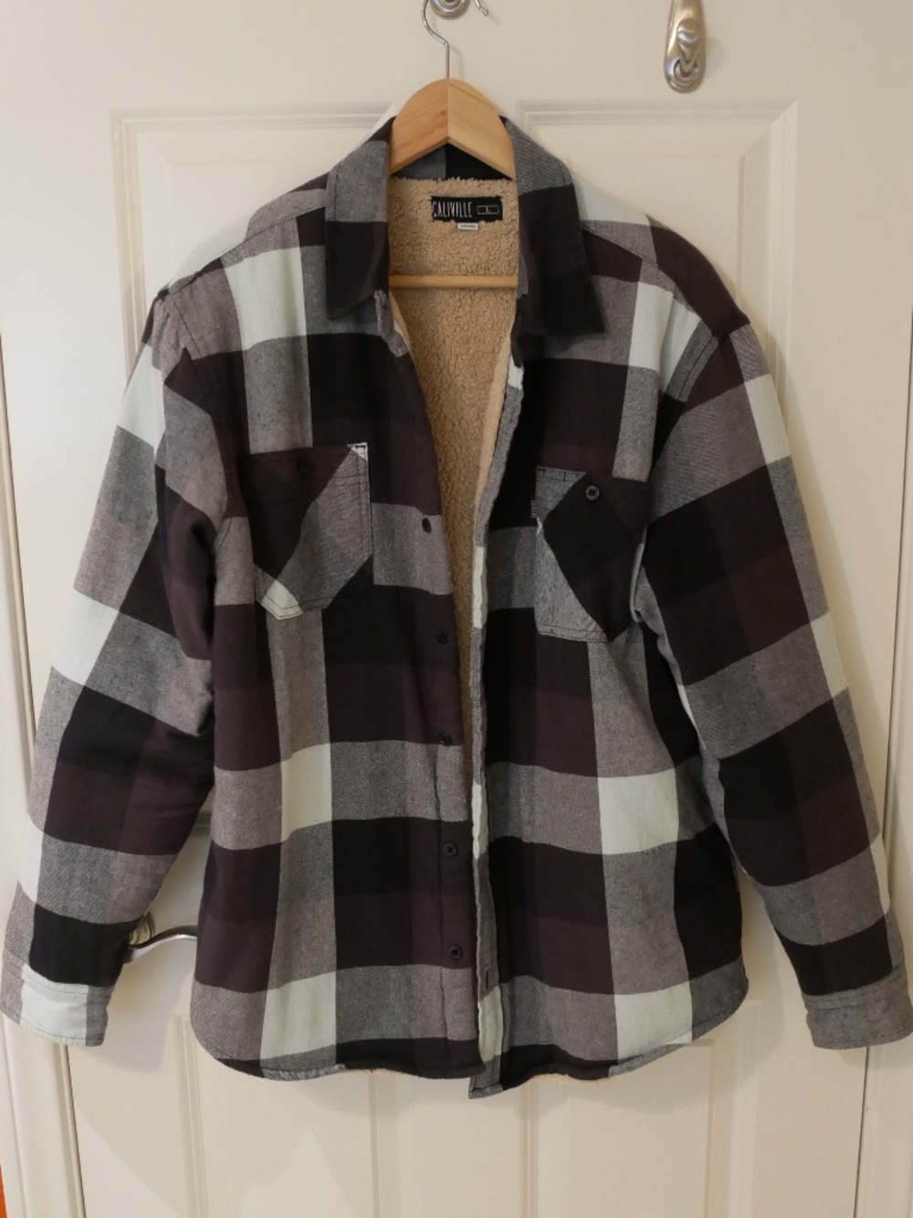 Caliville Mens Sherpa-Lined Flannel Button-Down Shirt~